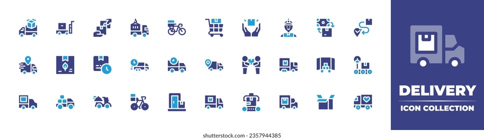 Delivery icon collection. Duotone color. Vector illustration. Containing interface, courier, truck, cash on delivery, bike, delay, freezer truck, box, delivery time.