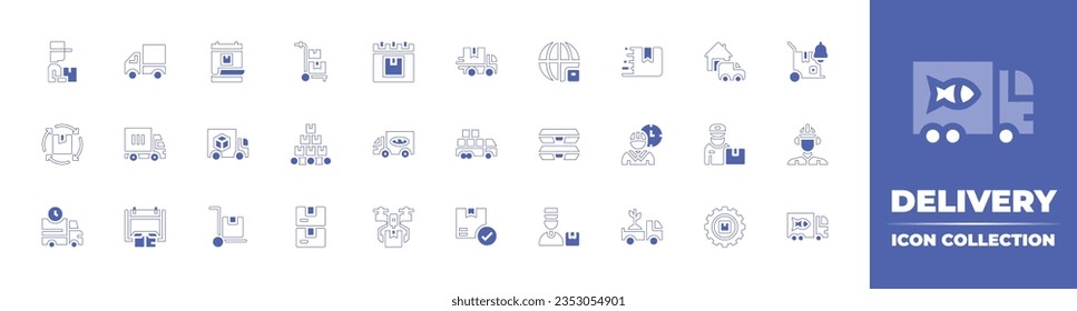 Delivery icon collection. Duotone style line stroke and bold. Vector illustration. Containing smartphone, receiver, shipping, package, parcel, packing, delivery van, delivery bike, and more.