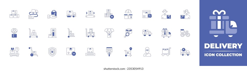 Delivery icon collection. Duotone style line stroke and bold. Vector illustration. Containing box, distribution, truck, logistics, out of stock, speedometer, fast delivery, delivery, package, and more