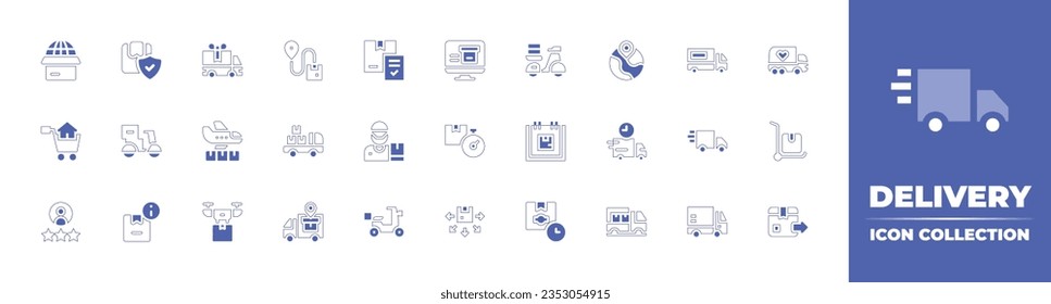 Delivery icon collection. Duotone style line stroke and bold. Vector illustration. Containing food delivery, package delivered, robot, delivery truck, fulfillment, package, delivery service, and more.