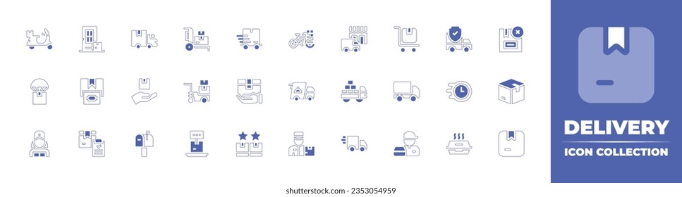 Delivery icon collection. Duotone style line stroke and bold. Vector illustration. Containing product, drone, bike, tracking, cart, truck, shipping and delivery, and more.