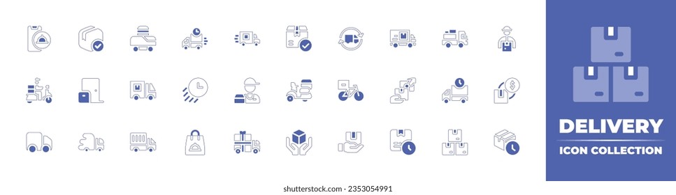 Delivery icon collection. Duotone style line stroke and bold. Vector illustration. Containing package, box, truck, delivery, world, sale, scooter, plane, and more.
