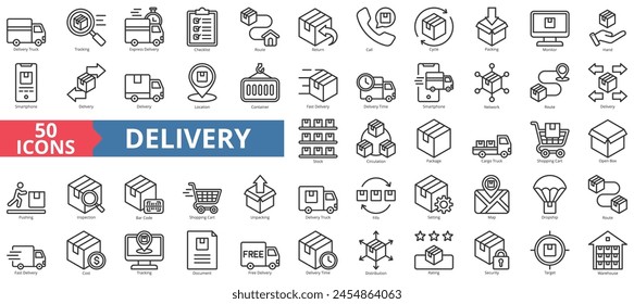 Delivery icon collection set. Containing truck, tracking, express, checklist, route, return, call icon. Simple line vector.