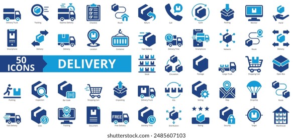 Delivery icon collection set. Containing truck, tracking, express, checklist, route, return, call icon. Simple line vector.