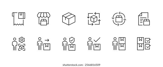 Delivery icon collection. Shipping icon set. Logistics, package box, tracking, supply chain, parcel, container, inventory, cargo delivery and more. Editable stroke. Pixel Perfect. Grid base 32px.