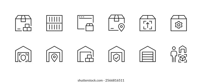 Delivery icon collection. Shipping icon set. Logistics, package box, tracking, supply chain, parcel, container, inventory, cargo delivery and more. Editable stroke. Pixel Perfect. Grid base 32px.