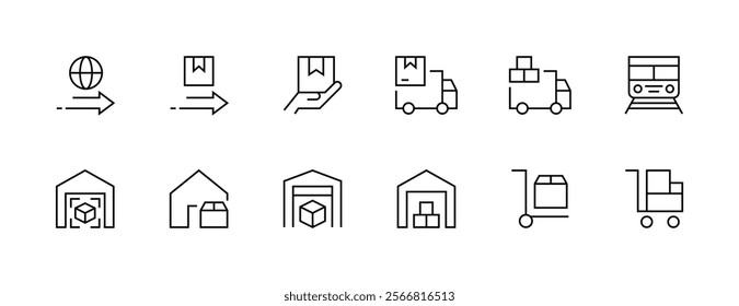 Delivery icon collection. Shipping icon set. Logistics, package box, tracking, supply chain, parcel, container, inventory, cargo delivery and more. Editable stroke. Pixel Perfect. Grid base 32px.