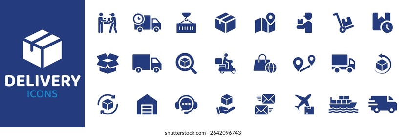 Delivery - Icon Collection. Thin Line Set contains such Icons as Delivery, Package, Box, Parcel, Courier, Truck, Van and more. Simple web icons set.