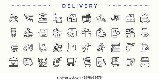 Colección de icono de entrega. Paquete de iconos de contorno delgado. Conjunto de iconos de línea de envío. Contiene información relacionada con el transporte, paquetería, logística, mensajería, distribución, envío expreso y más.