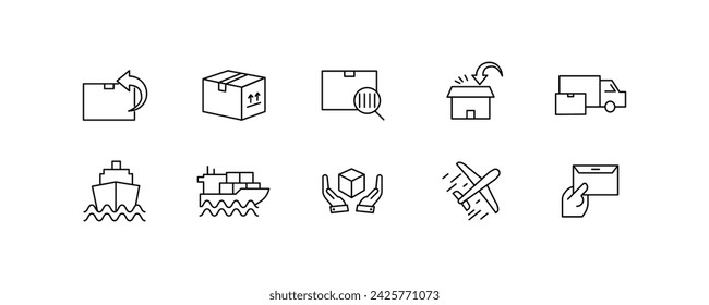 Delivery icon design. Outline, set of icons of box, delivery car, ship, plane, letter, delivery design. Vector icons