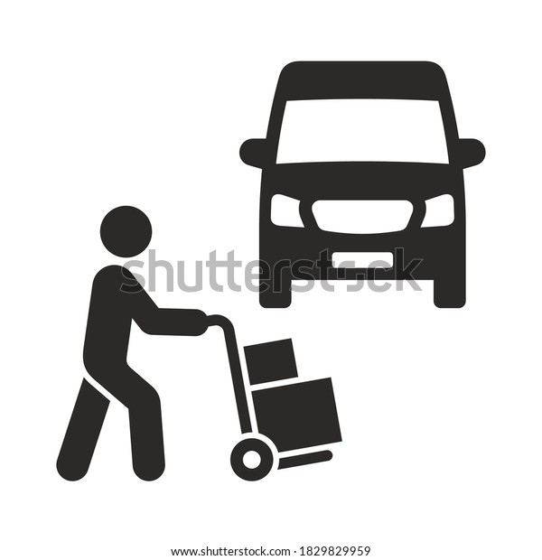 Delivery icon.\
Delivery driver. Van. Worker unloading boxes from the van. Vector\
icon isolated on white\
background.