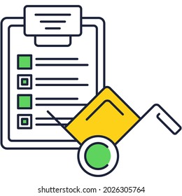 Delivery icon fast food order or post service vector. Cargo freight package parcel on postal trolley cart and clipboard flat design illustration