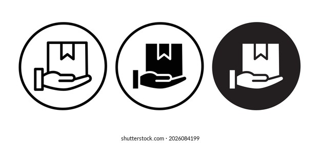 Delivery icon. Hand holding package. Shipment, shipping, courier service concepts icon button, vector, sign, symbol, logo, illustration, editable stroke, flat design style isolated on white