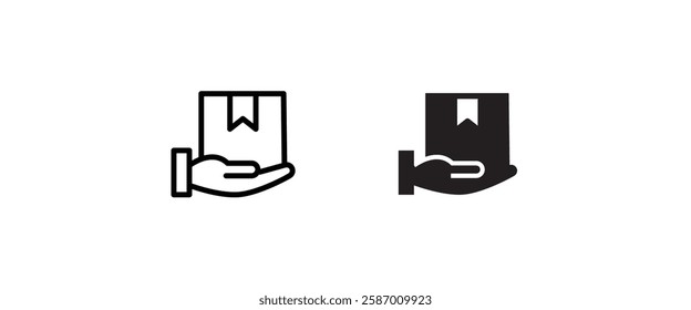 Delivery icon. Hand holding package. Shipment, shipping, courier service concepts icon button, vector, sign, symbol, logo, illustration, editable stroke, flat design style isolated on white