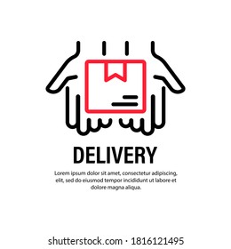 Icono de entrega. Manos con caja. Orden. Servicio rápido. Concepto de negocio. Vector de fondo blanco aislado. EPS 10
