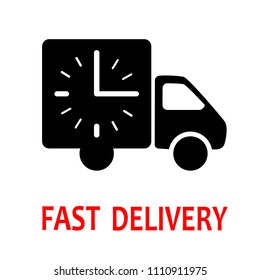delivery icon logo with clock , fast free truck on time , black red color isolated on white vector