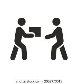 Delivery icon. Receiving parcel from delivery man. Cardboard box. Vector icon isolated on white background.