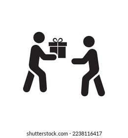 Delivery icon. Receiving parcel from delivery man. Cardboard box. Vector icon isolated on white background.