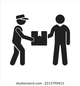 Ícone Distribuição. Recebendo pacote do entregador. Ícone de caixa de papelão