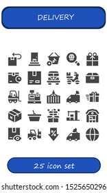 delivery icon set. 25 filled delivery icons.  Simple modern icons about  - Package, Delivery, Basket, Gift, Cardboard, Van, Box, Forklift, Cash register, Container, Warehouse