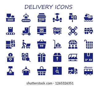  delivery icon set. 30 filled delivery icons. Simple modern icons about  - Cash register, Conveyor, Shop, Scooter, Mailbox, Cargo ship, Trolley, Online shop, Van, Drone, Truck
