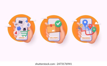 Delivery icon set with 3d phone in hands in oranges circles. Online shopping concept. 3D Web Vector Illustrations.