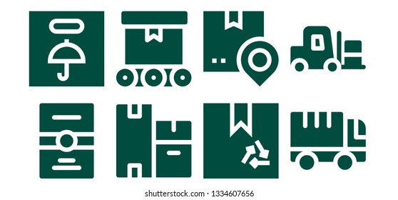 delivery icon set. 8 filled delivery icons.  Simple modern icons about  - Postcard, Fragile, Boxes, Conveyor, Box, Shipping, Truck, Forklift