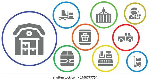 Liefersymbol-Set. 9 gefüllte Auslieferungssymbole. Einschließlich Lager, Gabelstapler, Container, schnelle Lieferung, Kassenregister, Geschenk, LKW, Trolley-Symbole