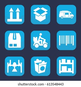 Delivery icon. set of 9 filled delivery icons such as van, take away food, cargo arrow up, box, cargo container, bar code, courier on motorcycle