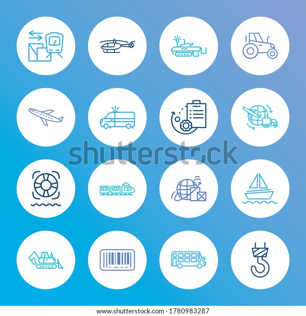 Delivery icon set and aircraft with bar code,\
global logistics service and ship by train. Ship related delivery\
icon vector for web UI logo\
design.