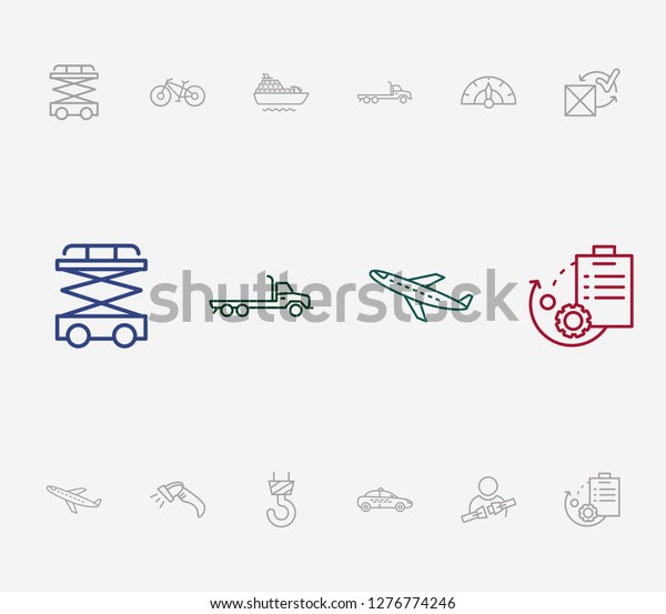 Delivery icon set and aircraft with easy returns,\
speedometer and scissor lift. Gauge related delivery icon vector\
for web UI logo\
design.