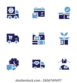 Delivery icon set. Bold style. Duotone colors. deliverytruck, schedule, package, fooddelivery, greenlogistics, delivery.