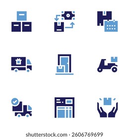 Delivery icon set. Bold style. Duotone colors. stock, deliverytruck, cashondelivery, doordelivery, deliverynote, deliverytime, deliver.