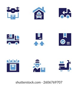 Delivery icon set. Bold style. Duotone colors. delivery, fooddelivery, truck, deliverytruck, deliverybox, deliverybike.