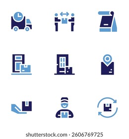 Delivery icon set. Bold style. Duotone colors. deliverytruck, delivery, fooddelivery, doordelivery, location, deliveryman.