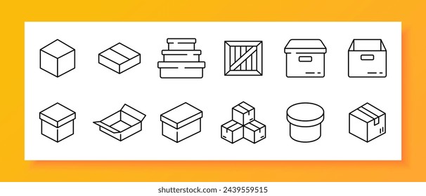 Delivery icon set. Boxes, warehouse, placement, mover, moving, attic, basement, things, cardboard, closet, set. Black icon on a white background. Vector line icon for business and advertising