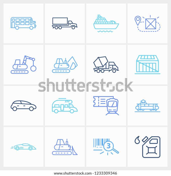 Delivery icon set and bulldozer with car,\
tracking number and concrete mixer. Box related delivery icon\
vector for web UI logo\
design.