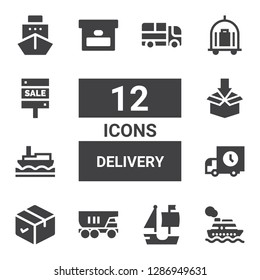 delivery icon set. Collection of 12 filled delivery icons included Cruise, Ship, Truck, Package, Delivery truck, Box, Trolley, Sale