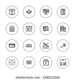 Delivery icon set. collection of 16 outline delivery icons with basket, box, coupon, delivery, drone, gift, move, package, online shop, online shopping, scooter icons.