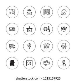 Delivery icon set. collection of 16 outline delivery icons with basket, cardboard, gift, mailbox, package, online shop, post, shipping, sale, truck, worldwide icons.