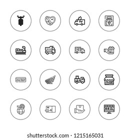 Delivery icon set. collection of 16 outline delivery icons with cargo, gift, honda, ice cream machine, package, online shop, plane ticket, scooter, store, worldwide icons.