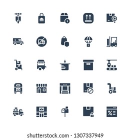 delivery icon set. Collection of 25 filled delivery icons included Sale, Box, Letterbox, Post office, Van, Cargo, Package, Conveyor, Shop, Mailbox, Ice cream cart, Delivery cart
