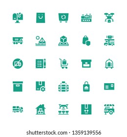 delivery icon set. Collection of 25 filled delivery icons included Food stand, Package, Drone, Warehouse, Truck, Postcard, Shop, Transport, Box, Trolley, Delivery cart, Shopping list