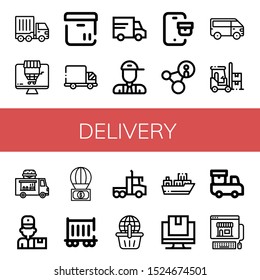 delivery icon set. Collection of Cargo truck, Online shopping, Box, Truck, Lorry, Postman, Tracking, Promotion, Van, Forklift, Food truck, Delivery man, Parachute, Railway carriage icons