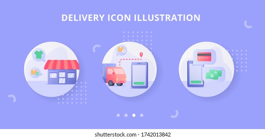 Delivery icon set collection with flat style full color modern flat cartoon design with store gps location and mobile payment vector illustration