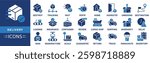 Delivery icon set. Containing delivery box, destroy, tracking, fast delivery, quick, insurance, container and more. Solid vector icons collection