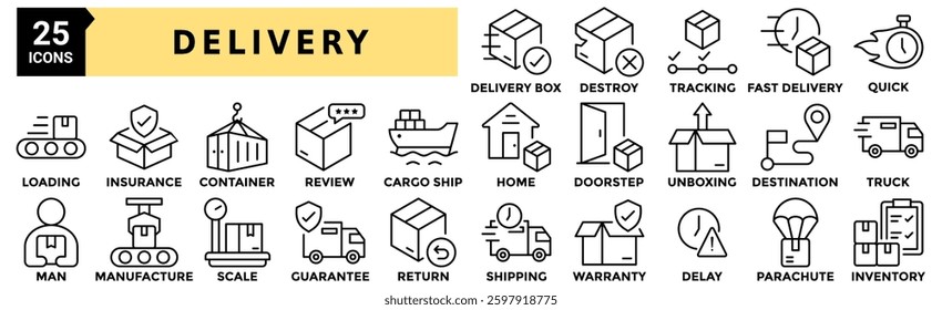 Delivery icon set. Containing delivery box, destroy, tracking, fast delivery, quick, insurance, container and more. Outline vector icons collection