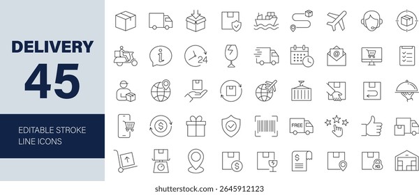 Delivery icon set. Containing logistics, shipping, courier, truck, container, fragile, payment, shipment and more. Editable line icons. Vector illustration.