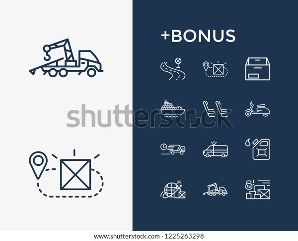 Delivery icon set and cruise ship with scooter,\
road and world shipping. Fuel container related delivery icon\
vector for web UI logo\
design.