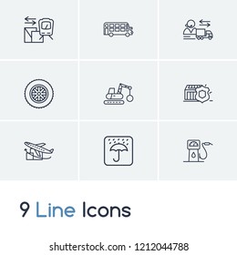 Delivery icon set and double decker bus with gas station, keep dry sign and tyres. Security related delivery icon vector for web UI logo design.